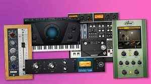 a variety of audio equipment on a purple background